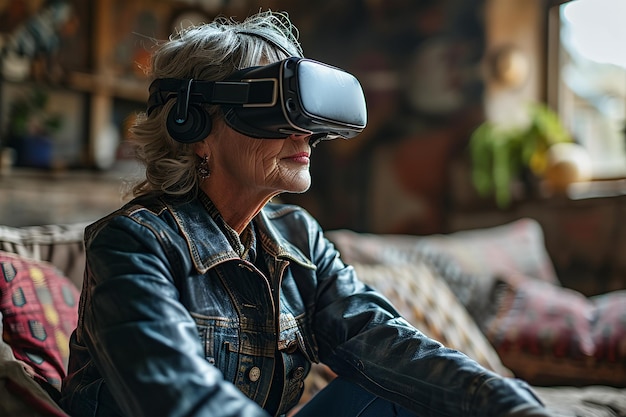 avontuurlijke oudere vrouw ervaart virtuele realiteit met een VR-headset in een gezellige thuisomgeving