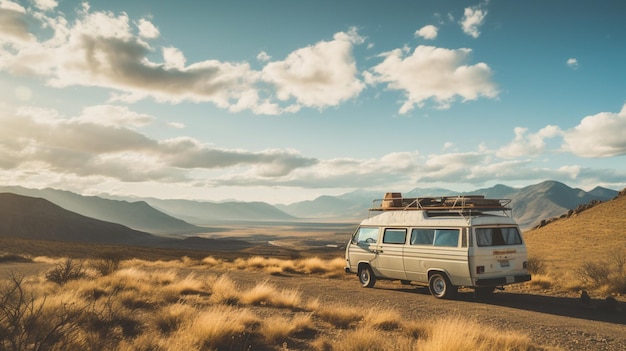 Avontuurlijke reis met een vintage camper op een onverharde weg en de berg in de zomer