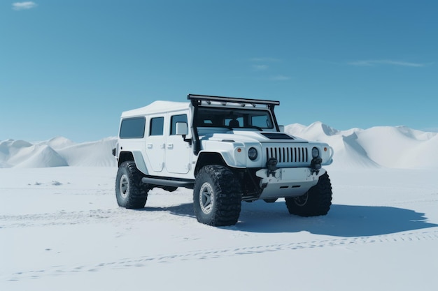 Avontuurlijke reis Witte 4x4 SUV Het veroveren van het woestijnzand op een heldere zonnige dag