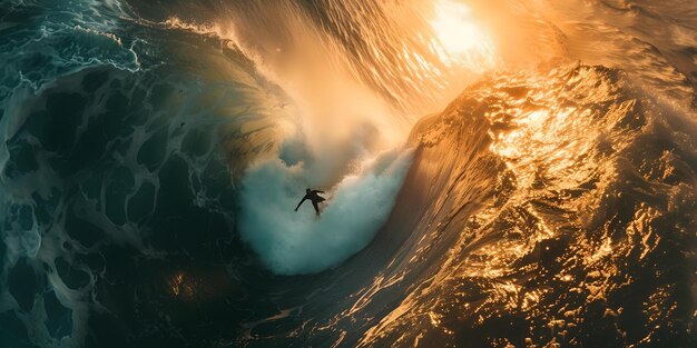 Avontuurlijke surfer die op een enorme golf rijdt bij zonsondergang dramatisch oceaanlandschap vastgelegd in verbluffende details perfect voor reizen en sport thema's AI