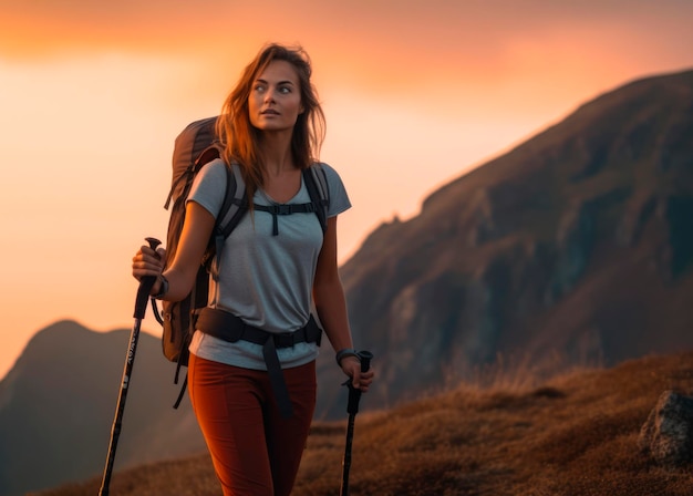 Avontuurlijke Trekker Een vrouw die de hoge bergen verkent in trekkingkleding