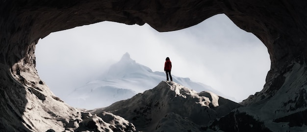 Avontuurlijke vrouw in een rotsachtige grot met besneeuwde bergen op de achtergrond