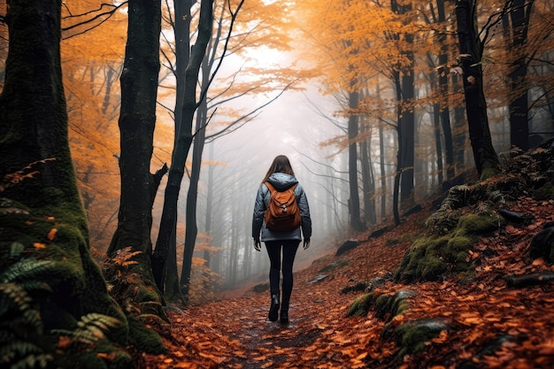 Avontuurlijke vrouw wandelt door het mistige herfstbos