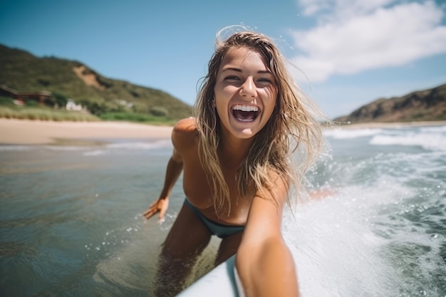 Avontuurlijke vrouwelijke surfer die plezier heeft op het strand in de zomer
