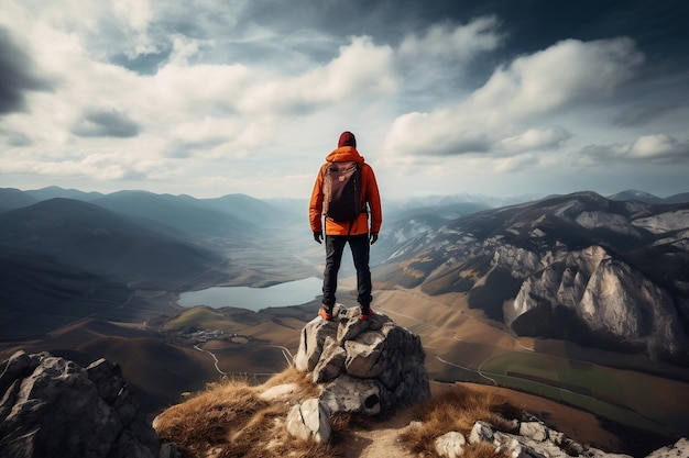 Avontuurlijke wandelaar Top Uitzicht op adembenemend berglandschap Generatieve AI