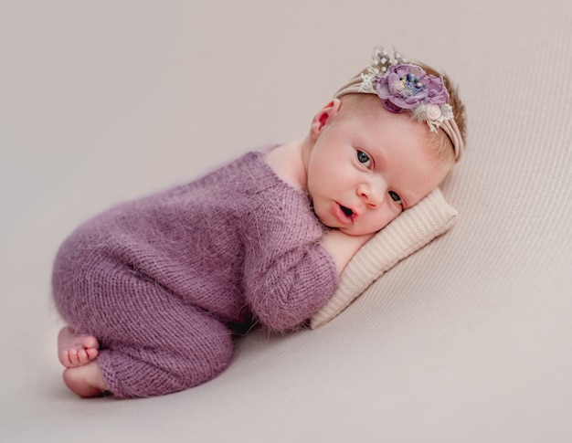 Awake newborn girl with flower diadem