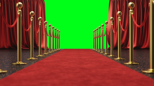 Award scene with open red curtains on a green screen. Red velvet carpet between golden hedges