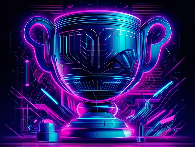 Award trophy cup abstract neon stijl illustratie op zwarte achtergrond Generatieve AI