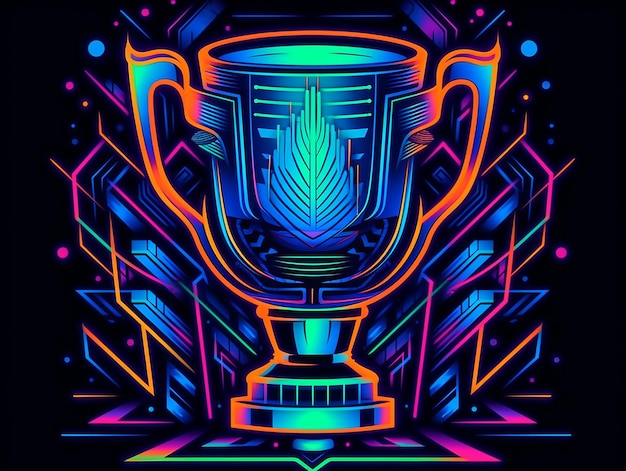 Award trophy cup abstract neon stijl illustratie op zwarte achtergrond Generatieve AI