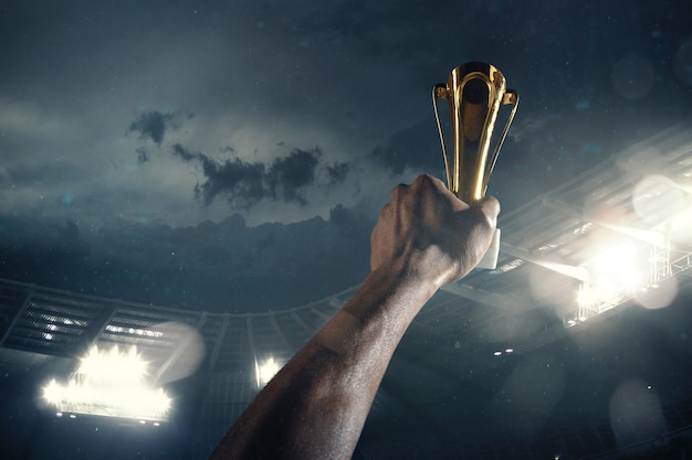 Award of victory, male hands tightening the cup of winners against cloudy dark sky
