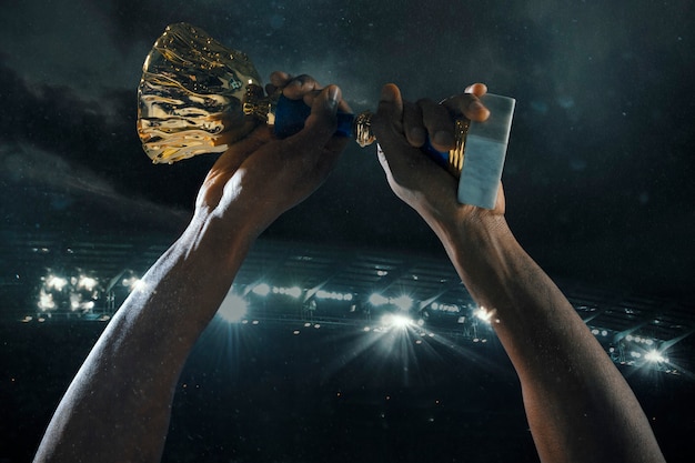 Photo award of victory, male hands tightening the cup of winners against cloudy dark sky