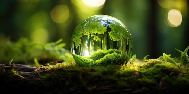 An award winning color photograph of a crystal globe glass on moss in a green forest symboliz