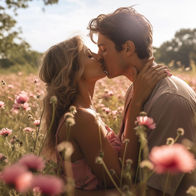 An award winning stock photo of a couple kissing in the sunset