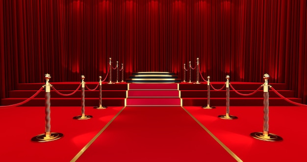 Awards show background with red curtains open on Black screen, Long red carpet between rope barriers