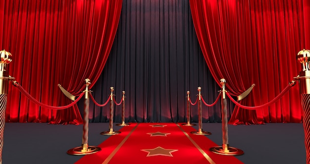 写真 賞は、黒い画面に赤いカーテンが開いた背景、ロープバリアの間の長いレッドカーペットを示しています