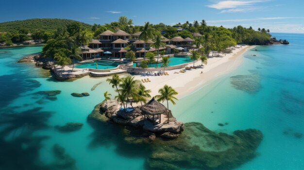 An awe inspiring aerial view of a tropical paradise showcasing crystal clear turquoise waters