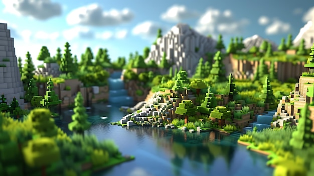 An aweinspiring 3D landscape of a cube world where towering mountains lush forests and cascading waterfalls blend seamlessly A visually stunning digital masterpiece