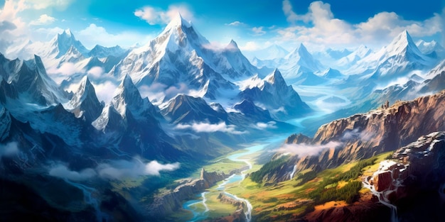 Aweinspiring aerial view of a vast mountain range with snowcapped peaks piercing through the clouds deep valleys and winding hiking trails leading to breathtaking viewpoints Generative AI