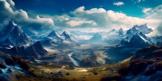 Aweinspiring aerial view of a vast mountain range with snowcapped peaks piercing through the clouds deep valleys and winding hiking trails leading to breathtaking viewpoints Generative AI