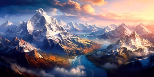 눈 덮인 산봉우리가 구름을 뚫고 깊은 계곡과 구불구불한 등산로가 있는 광활한 산맥의 장엄한 조감도 제너레이티브 AI