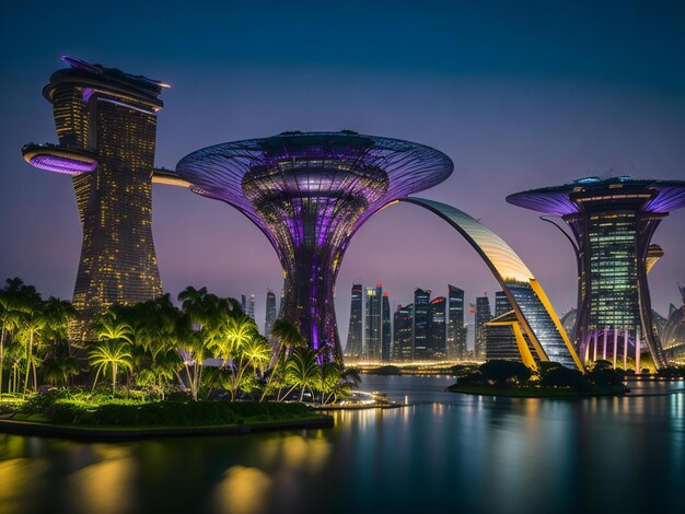 Foto un maestoso paesaggio urbano che mette in mostra l'iconico skyline di singapore