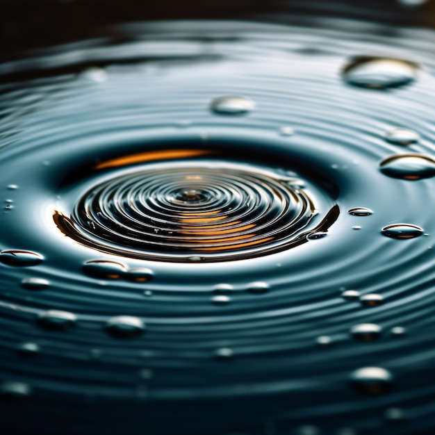 An aweinspiring closeup of a single raindrop creating ripples on the surface of a calm pond