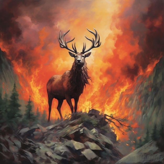 An aweinspiring illustration painting of a majestic deer standing proudly on rocky terrain engulfed