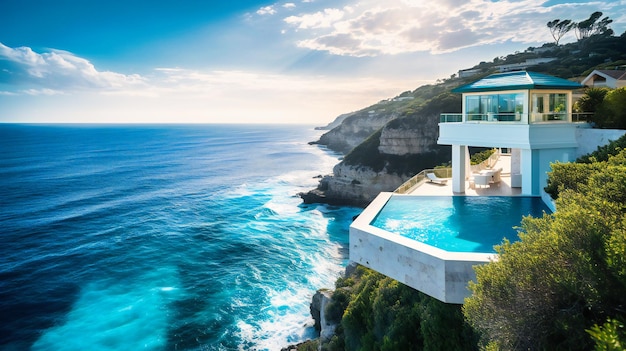 An aweinspiring image of a breathtaking summer villa offering panoramic ocean views and exceptional modern design for an opulent vacation experience