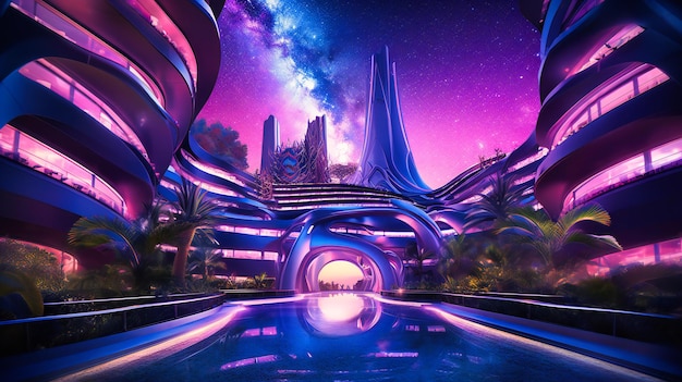 An aweinspiring image of a futuristic space resort providing a sumptuous getaway amidst the celestial wonders of the universe