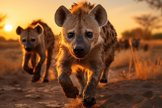 An aweinspiring image of a hyenas running across the vast plains ai generated