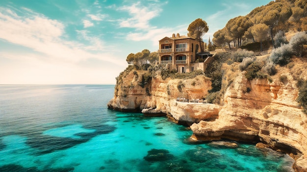 An aweinspiring image of a lavish summer villa set against a pristine beach and turquoise waters