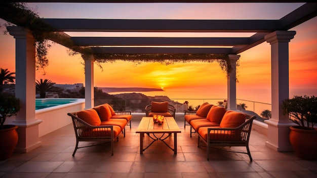 An aweinspiring image of a villa39s terrace offering the ultimate in relaxation and enjoyment with a breathtaking ocean sunset view