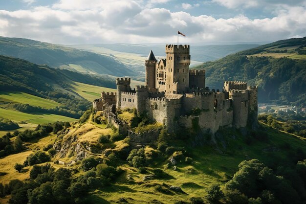 An aweinspiring image of a wellpreserved medieval castle perched on a hill