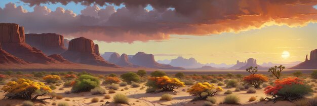 Aweinspiring landscape magnificence of a desert sunset with cloudy sky towering mountains and verdant bushes generative ai