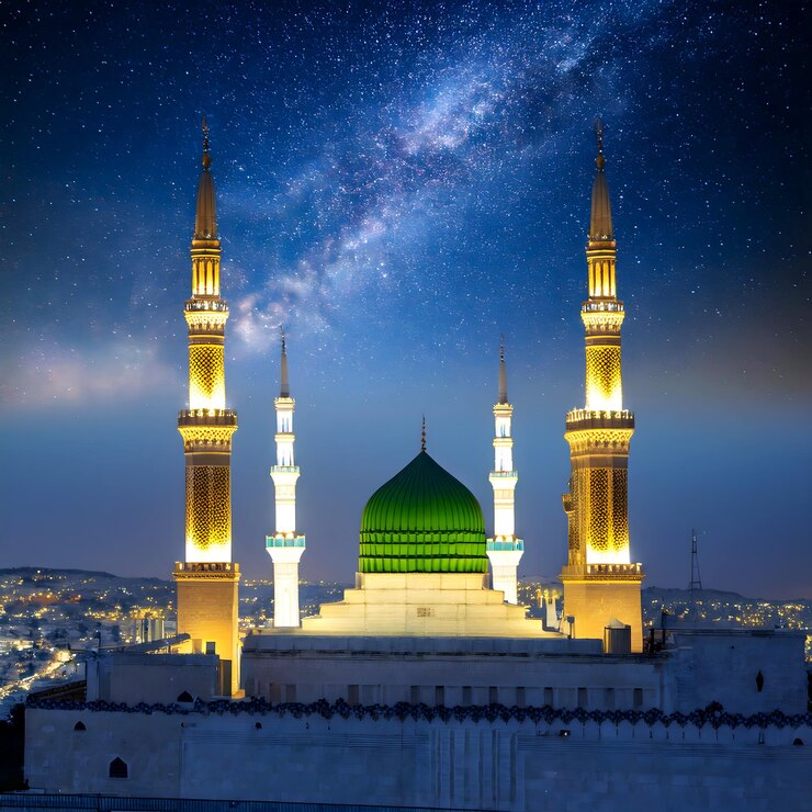 Photo aweinspiring miladunnabi at majestic madina mosque under the stars