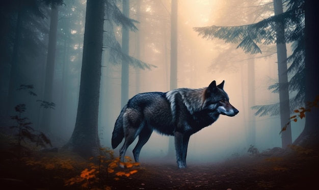 Aweinspiring misty forest with a wolf silhouette Creating using generative AI tools