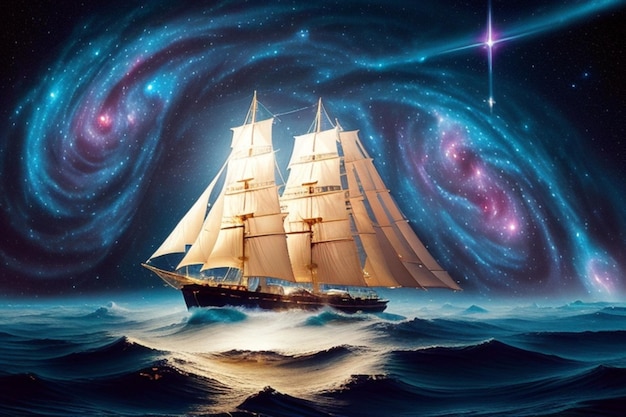 an aweinspiring portrayal of a celestial sailing ship gracefully floating through the vast expanse