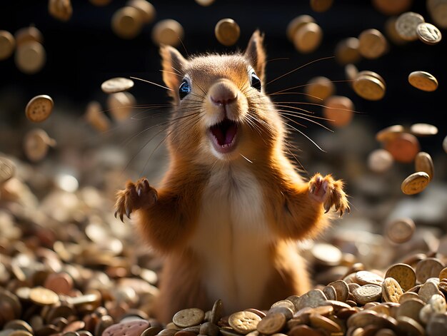 Foto una scena stimolante mentre uno scoiattolo raccoglie e conserva con energia le noci per l'inverno