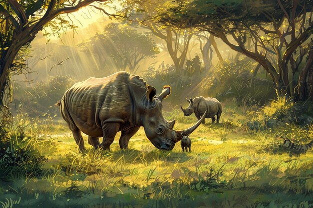 Photo an aweinspiring scene of a family of black rhinoce generative ai