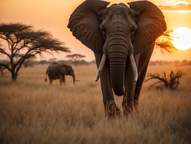 An aweinspiring sight unfolds as an African elephant gracefully roams the sunlit savannah surrounded by the golden hues of the grasslands