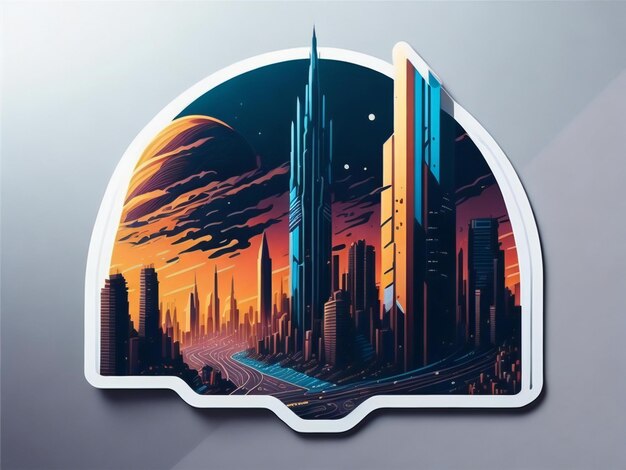 An aweinspiring sticker design showcasing a futuristic cityscape with towering skyscrapers