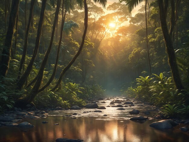 Aweinspiring sunset the suns radiant beams filtering through the foliage illuminating the flowing stream creating a breathtaking reflection in the heart of the enchanting forest