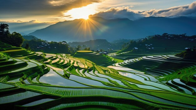 Впечатляющий вид на террасовые рисовые поля Индонезии