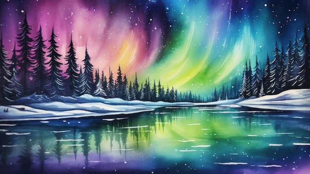 AweInspiring Watercolor Northern Lights over a Frozen Lake AI Generated