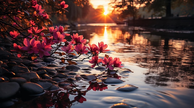 Awesome Autumn Landscape Amazing sunset in Azalea and Rhododendron Park Kromlau Rakotz Bridge Rak