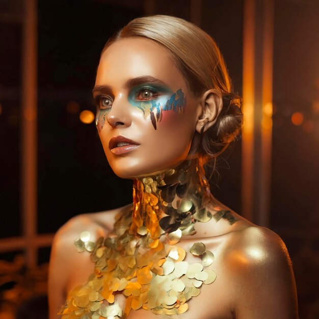 Awesome blonde woman with bright makeup and gold foil on her neck and back