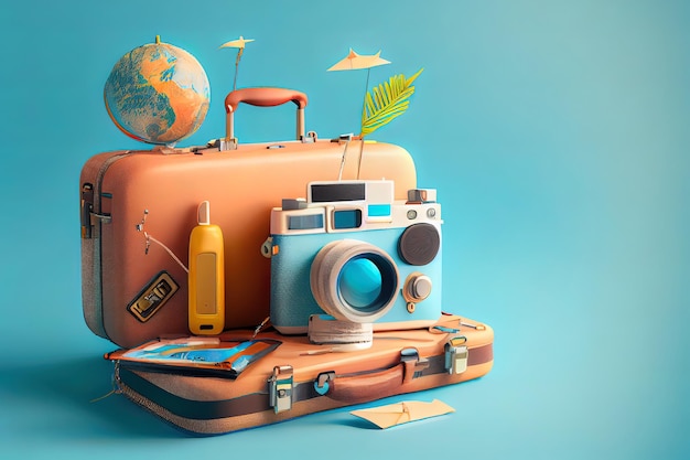 Awesome Camera met reizende koffer en reisaccessoires op blauwe achtergrond reislust