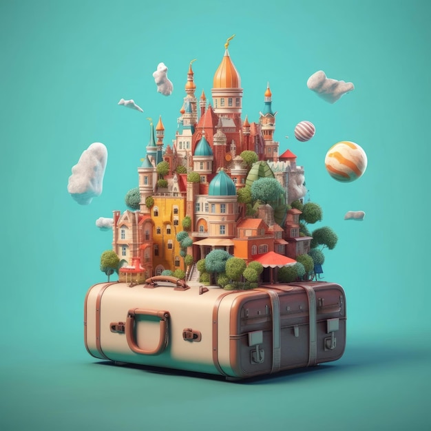 Awesome collage of travel concept with suitcase airplane traveler accessories 3d rendering