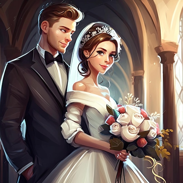 Awesome couple in wedding gown ai generated illustration Cheerful bride and groom in engagement gown cartoon characters marriage anniversary celebration event Romance scene with happy spouse