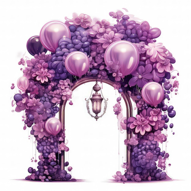 Awesome Detailed Floral Balloons Gate Purple Wedding Illustration Clipart